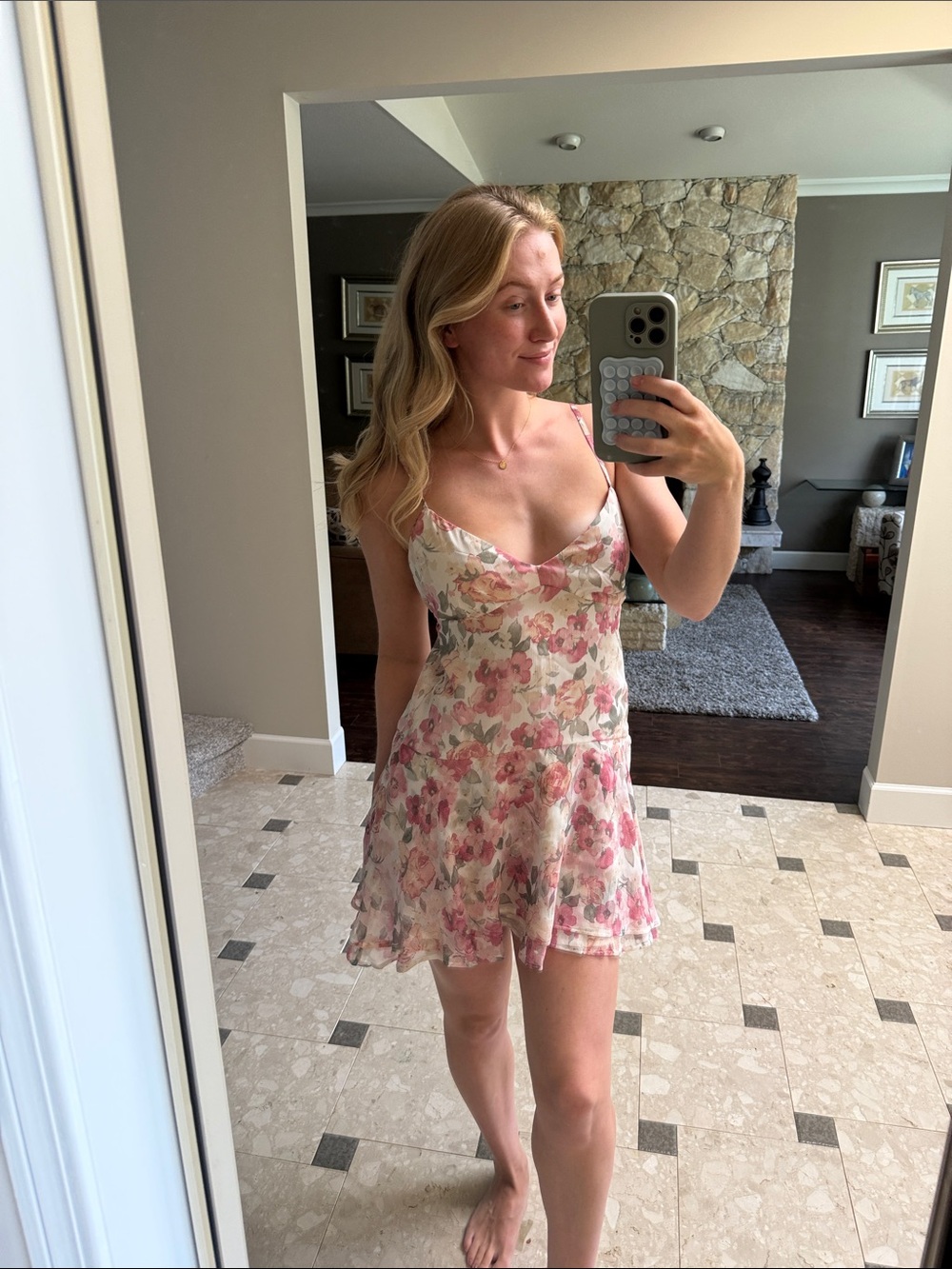 Hollister Pink and Cream Floral Slip Mini Dress